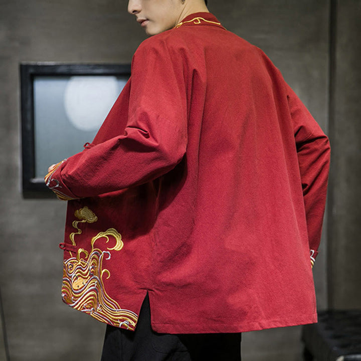 Veste de costume Tang en coton à manches longues pour homme, avec boutons grenouille et broderies de Buddha Stones et nuages - image 2
