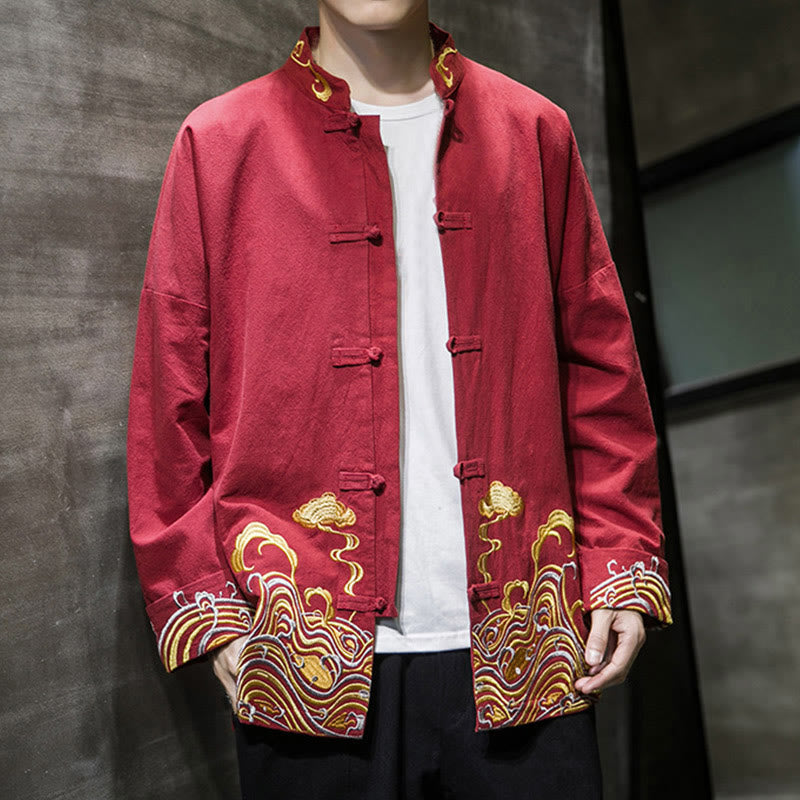 Veste de costume Tang en coton à manches longues pour homme, avec boutons grenouille et broderies de Buddha Stones et nuages - image 8