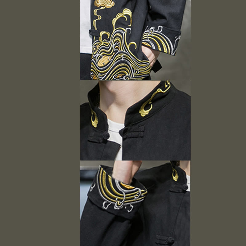 Veste de costume Tang en coton à manches longues pour homme, avec boutons grenouille et broderies de Buddha Stones et nuages - image 18