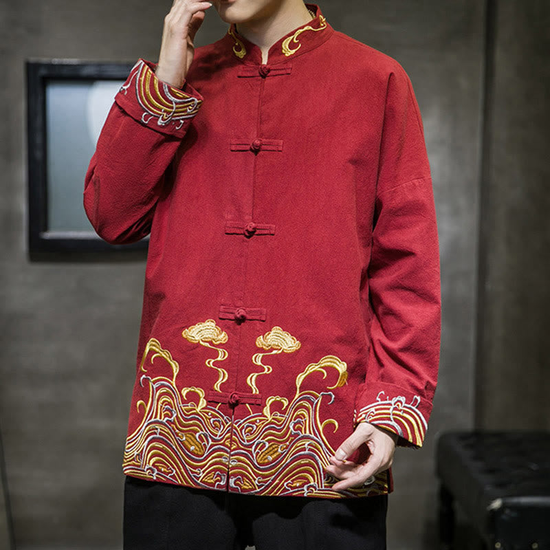 Veste de costume homme en coton Tang à manches longues, brodée de Buddha Stones et de nuages, avec boutons grenouille. - image 1