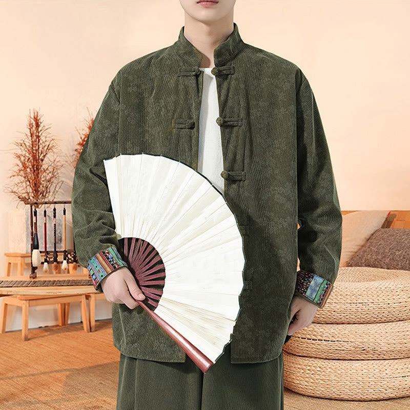 Veste de costume Tang en velours côtelé de coton à manches longues pour homme, motif fleur de prunier uni , Buddha Stones - image 3