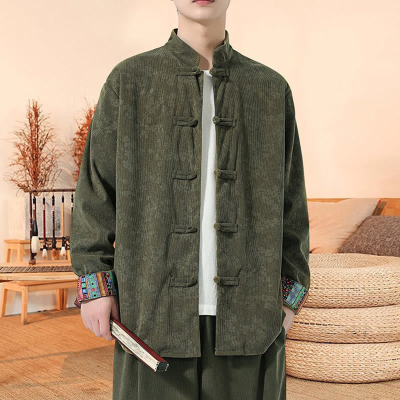 Veste de costume Tang en velours côtelé de coton à manches longues pour homme, motif fleur de prunier uni , Buddha Stones - OliveDrab - US/UK/AU46，EU56 (5XL) - image 0