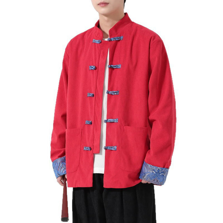 Veste de costume Tang à manches longues et poches pour homme, motif floral Buddha Stones , en velours côtelé de coton - image 5
