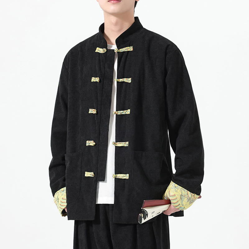 Veste de costume Tang à manches longues et poches pour homme, motif floral Buddha Stones , en velours côtelé de coton - image 10