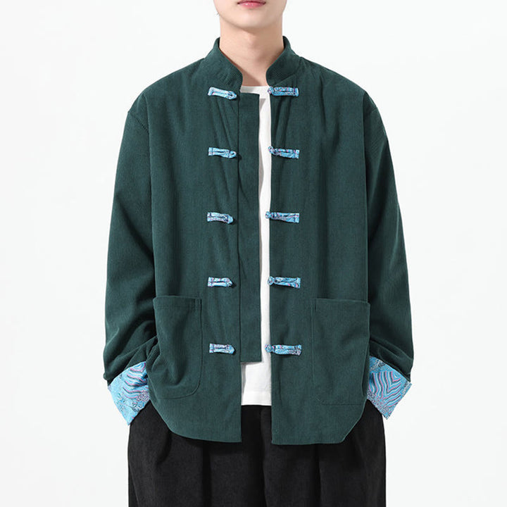 Veste de costume Tang à manches longues et poches pour homme, motif floral Buddha Stones , en velours côtelé de coton - image 17