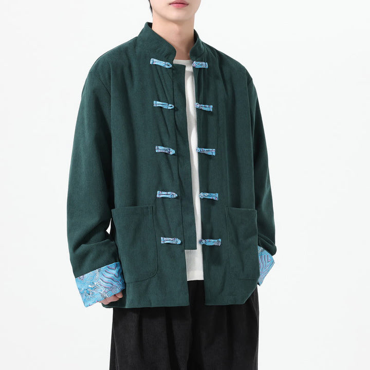 Veste de costume Tang à manches longues et poches pour homme, motif floral Buddha Stones , en velours côtelé de coton - Sarcelle - US/UK/AU46，EU56 (5XL) - image 13