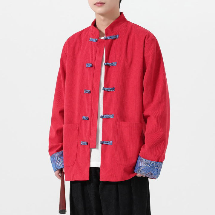 Veste de costume Tang à manches longues et poches pour homme, motif floral Buddha Stones , en velours côtelé de coton - image 3