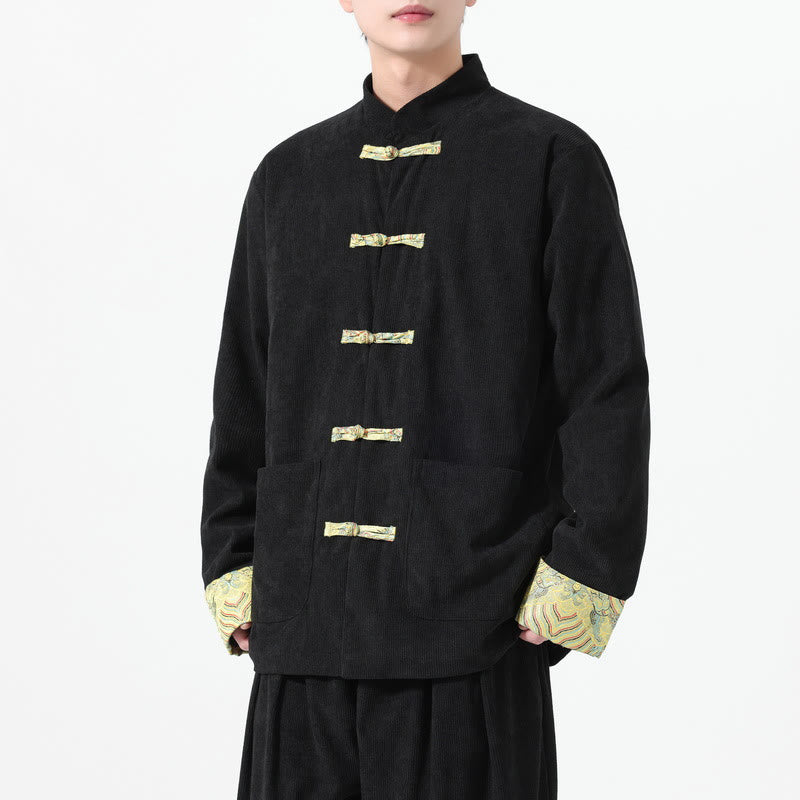 Veste de costume Tang à manches longues et poches pour homme, motif floral Buddha Stones , en velours côtelé de coton - image 7