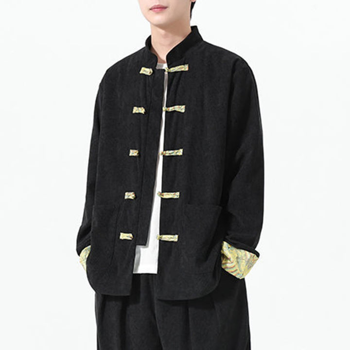 Veste de costume Tang à manches longues et poches pour homme, motif floral Buddha Stones , en velours côtelé de coton - image 8