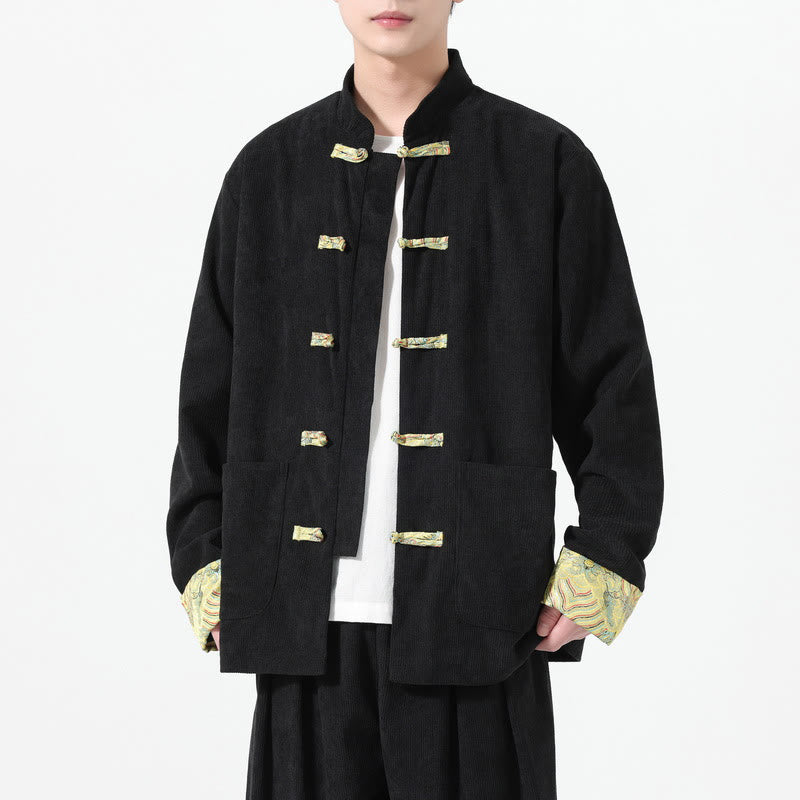 Veste de costume Tang à manches longues et poches pour homme, motif floral Buddha Stones , en velours côtelé de coton - Noir - US/UK/AU46，EU56 (5XL) - image 6