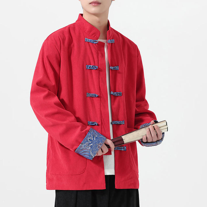 Veste de costume Tang à manches longues et poches pour homme, motif floral Buddha Stones , en velours côtelé de coton - Rouge - US/UK/AU46，EU56 (5XL) - image 0
