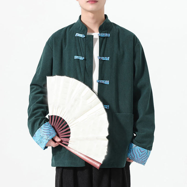 Veste de costume Tang à manches longues et poches pour homme, motif floral Buddha Stones , en velours côtelé de coton - image 18