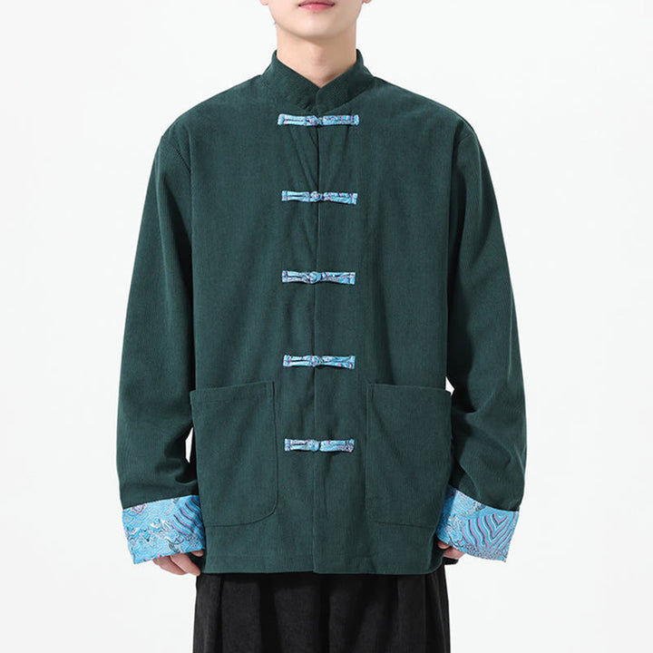 Veste de costume Tang à manches longues et poches pour homme, motif floral Buddha Stones , en velours côtelé de coton - image 14