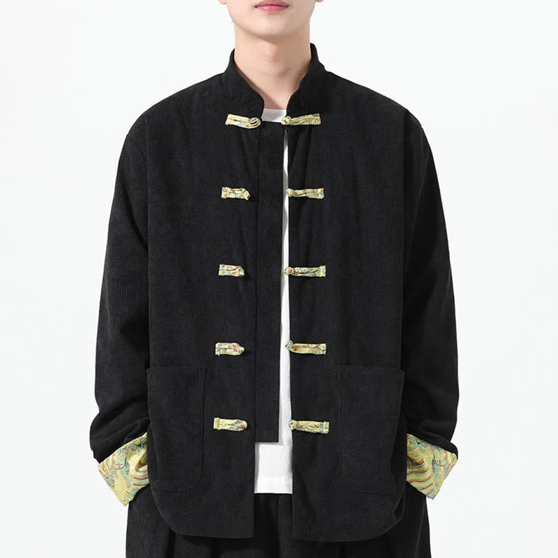 Veste de costume Tang à manches longues et poches pour homme, motif floral Buddha Stones , en velours côtelé de coton - image 9