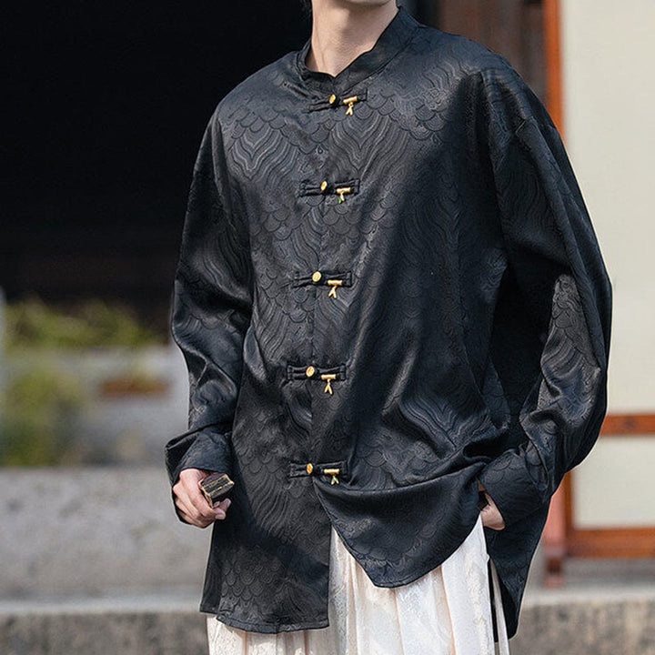 Chemise à manches longues pour homme, col montant, motif grenouille chinoise, motif bambou , Buddha Stones - image 15