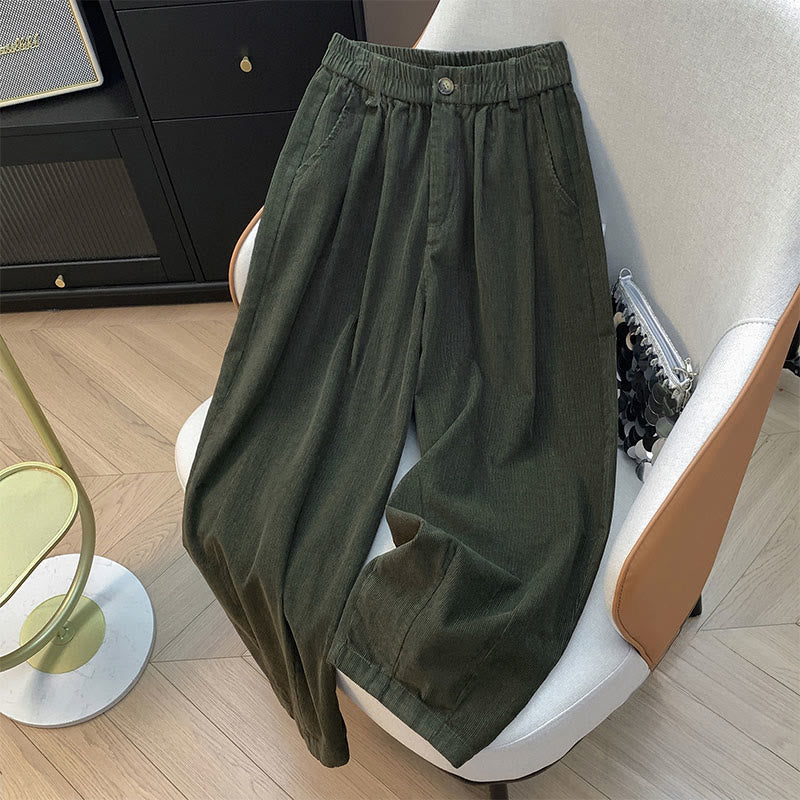 Pantalon large en velours côtelé de coton avec poches et taille élastique Buddha Stones pour femme - Vert olive foncé - US8-10，UK/AU12-14，EU40-42 (2XL) - image 0