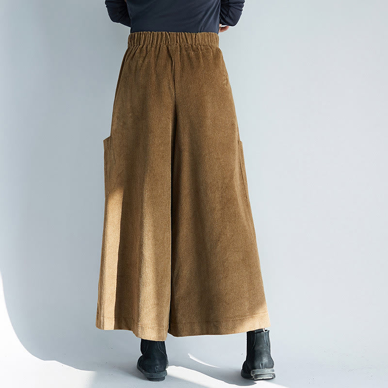 Pantalon large en velours côtelé uni avec fermeture éclair latérale et poches pour femme Buddha Stones, longueur 7-8 - image 1