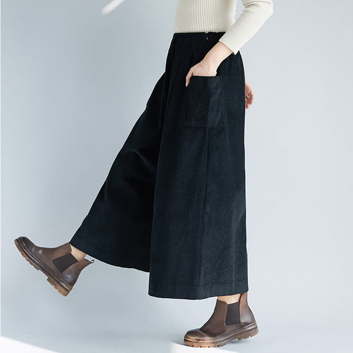 Pantalon large en velours côtelé uni avec fermeture éclair latérale et poches pour femme Buddha Stones, longueur 7-8 - image 16