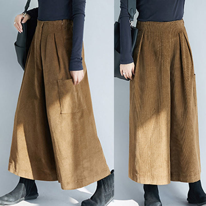 Pantalon large en velours côtelé uni avec fermeture éclair latérale et poches pour femme Buddha Stones, longueur 7-8 - image 5