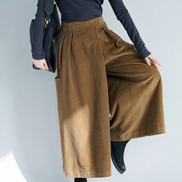 Pantalon large en velours côtelé uni avec fermeture éclair latérale et poches pour femme Buddha Stones, longueur 7-8 - image 4