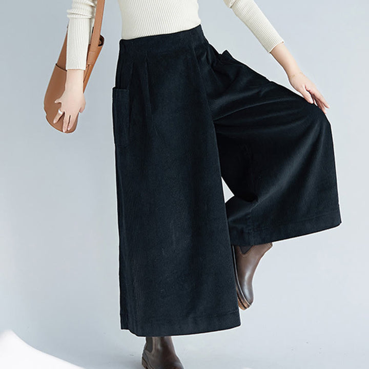 Pantalon large en velours côtelé uni avec fermeture éclair latérale et poches pour femme Buddha Stones, longueur 7-8 - image 18