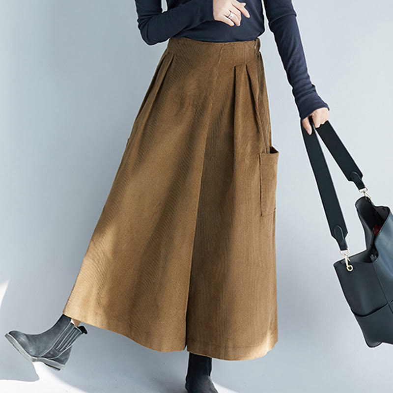 Pantalon large en velours côtelé uni avec fermeture éclair latérale et poches pour femme Buddha Stones, longueur 7-8 - image 2