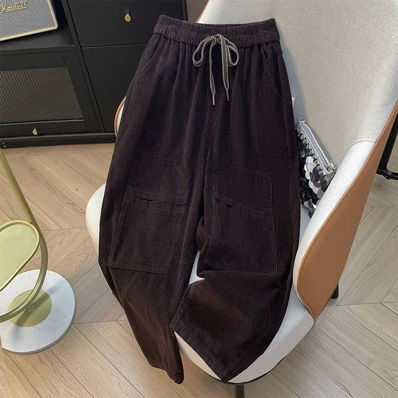 Pantalon sarouel en velours côtelé de coton à cordon de serrage et poches pour femme Buddha Stones - Bordeaux - US8-10，UK/AU12-14，EU40-42 (2XL) - image 0