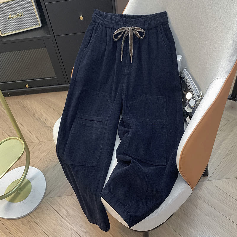 Pantalon sarouel en velours côtelé de coton à cordon de serrage et poches pour femme Buddha Stones - Bleu nuit - US8-10，UK/AU12-14，EU40-42 (2XL) - image 3