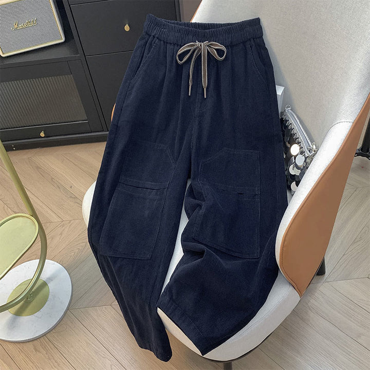 Pantalon sarouel en velours côtelé de coton à cordon de serrage et poches pour femme Buddha Stones - Bleu nuit - US8-10，UK/AU12-14，EU40-42 (2XL) - image 3