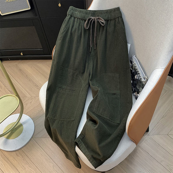 Pantalon sarouel en velours côtelé de coton à cordon de serrage et poches pour femme Buddha Stones - Vert olive foncé - US8-10，UK/AU12-14，EU40-42 (2XL) - image 7