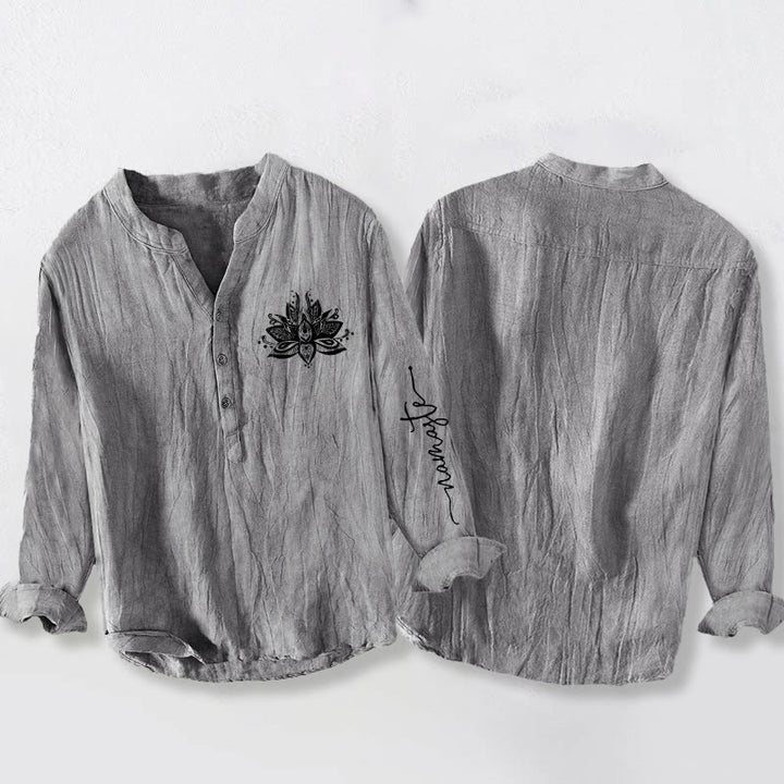 Chemise à manches longues en coton et lin pour homme, motif Buddha Stones et lotus, demi-boutons - image 5