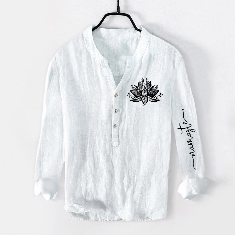 Chemise à manches longues en coton et lin pour homme, motif Buddha Stones et lotus, demi-boutons - Blanc - US/UK/AU50，EU60 (5XL) - image 6