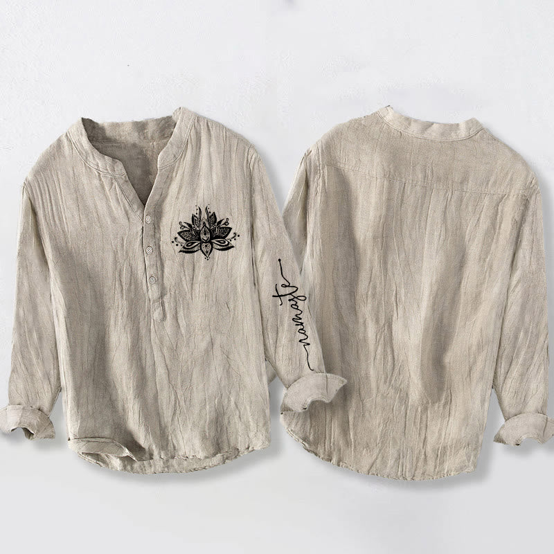 Chemise à manches longues en coton et lin pour homme, motif Buddha Stones et lotus, demi-boutons - image 2