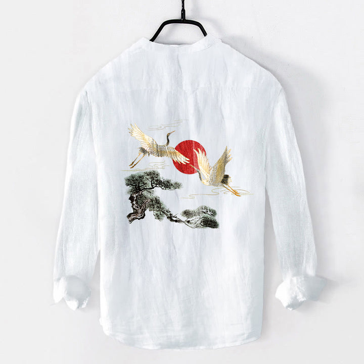 Chemise à manches longues en coton et lin pour homme , Buddha Stones, grue, soleil rouge, pin, demi-boutons - image 8