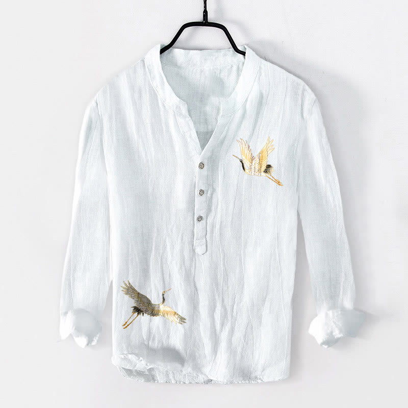 Chemise à manches longues en coton et lin pour homme , Buddha Stones, grue, soleil rouge, pin, demi-boutons - image 7