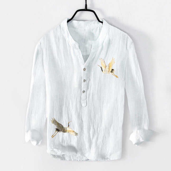 Chemise à manches longues en coton et lin pour homme , Buddha Stones, grue, soleil rouge, pin, demi-boutons - image 7