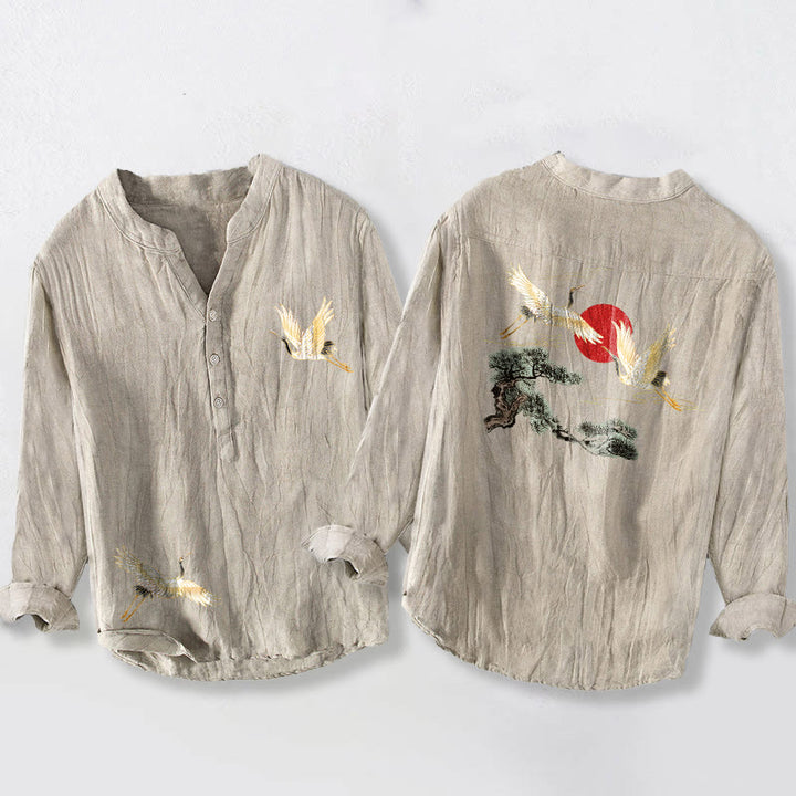 Chemise à manches longues en coton et lin pour homme , Buddha Stones, grue, soleil rouge, pin, demi-boutons - Lin - US/UK/AU50，EU60 (5XL) - image 3