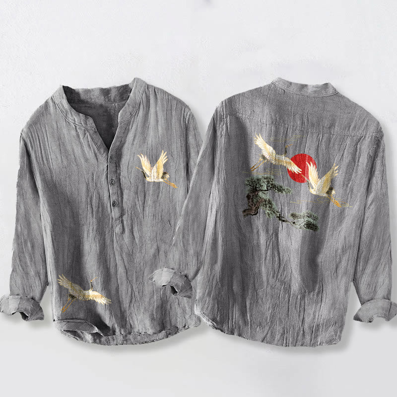 Chemise à manches longues en coton et lin pour homme , Buddha Stones, grue, soleil rouge, pin, demi-boutons - Gris - US/UK/AU50，EU60 (5XL) - image 0