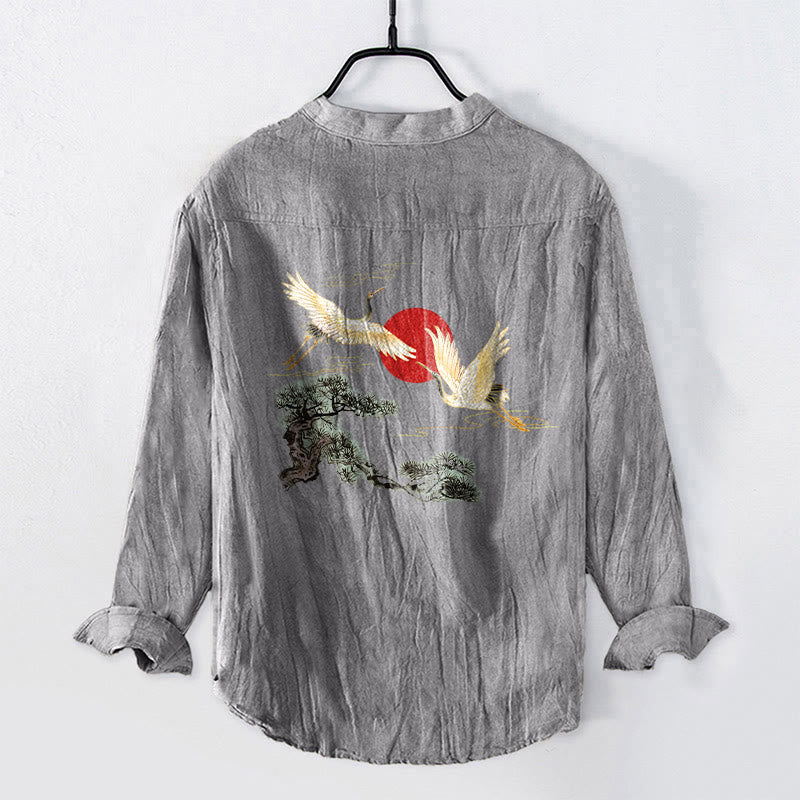 Chemise à manches longues en coton et lin pour homme , Buddha Stones, grue, soleil rouge, pin, demi-boutons - image 2