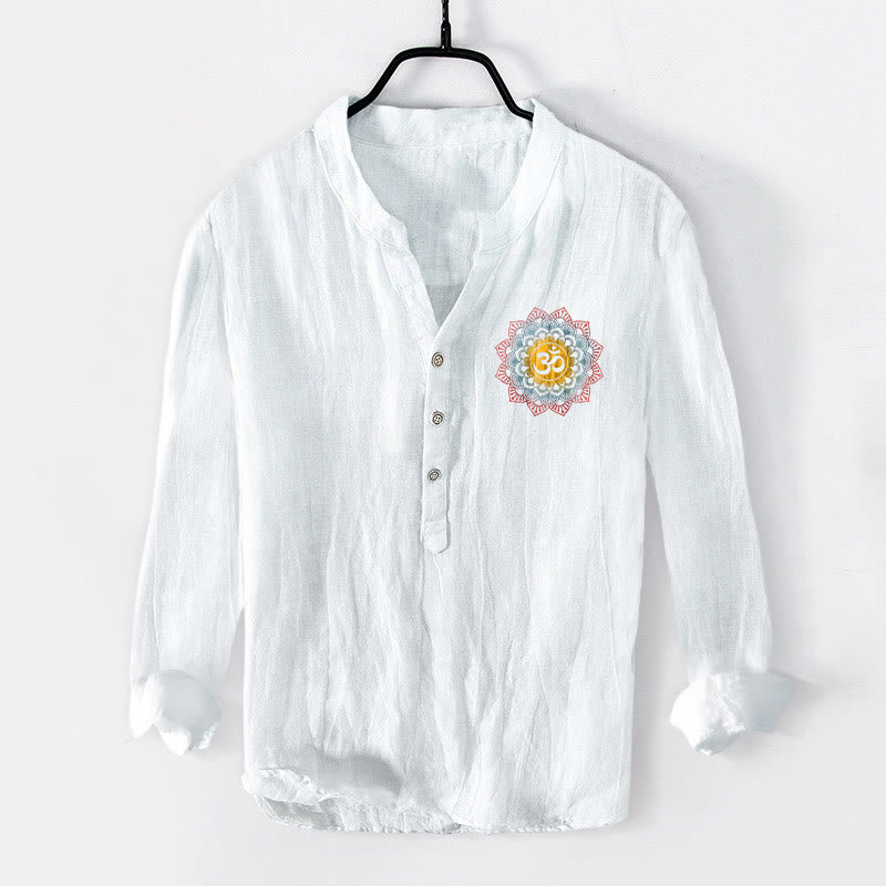 Chemise à manches longues en coton et lin pour homme, motif mandala Om et Buddha Stones , demi-boutons - image 1