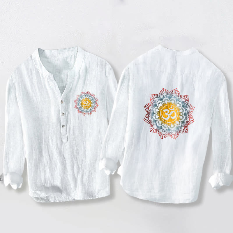 Chemise à manches longues en coton et lin pour homme, motif mandala Om et Buddha Stones , demi-boutons - Blanc - US/UK/AU50，EU60 (5XL) - image 0