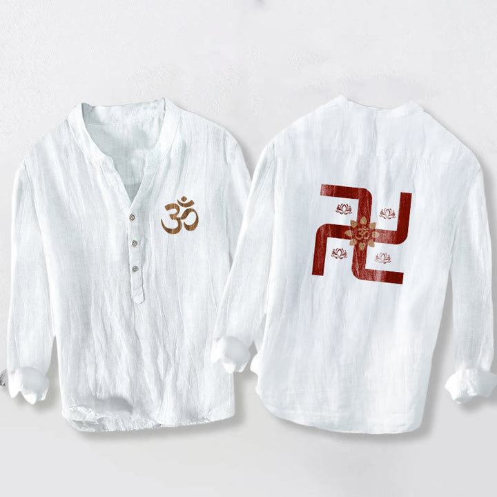 Chemise à manches longues en coton et lin pour homme, motif Buddha Stones, demi-boutons, symbole Lotus Swastika Om - Blanc - US/UK/AU50，EU60 (5XL) - image 6