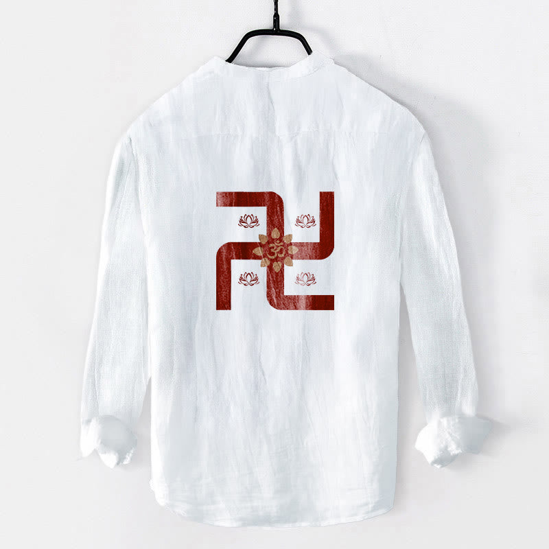 Chemise à manches longues en coton et lin pour homme, motif Buddha Stones, demi-boutons, symbole Lotus Swastika Om - image 8