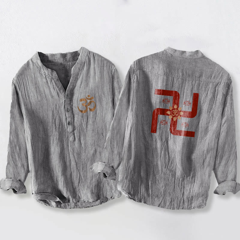 Chemise à manches longues en coton et lin pour homme, motif Buddha Stones, demi-boutons, symbole Lotus Swastika Om - Gris - US/UK/AU50，EU60 (5XL) - image 3
