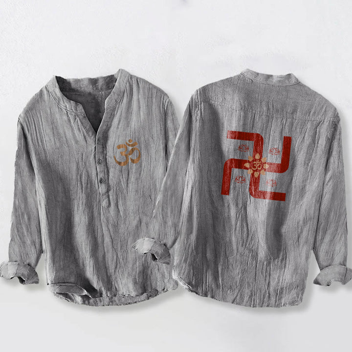 Chemise à manches longues en coton et lin pour homme, motif Buddha Stones, demi-boutons, symbole Lotus Swastika Om - Gris - US/UK/AU50，EU60 (5XL) - image 3