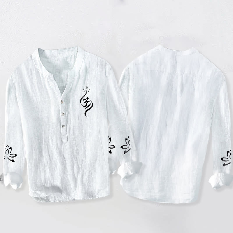 Chemise à manches longues en coton et lin pour homme, motif imprimé Buddha Stones, demi-boutons, symbole Lotus Om - image 8