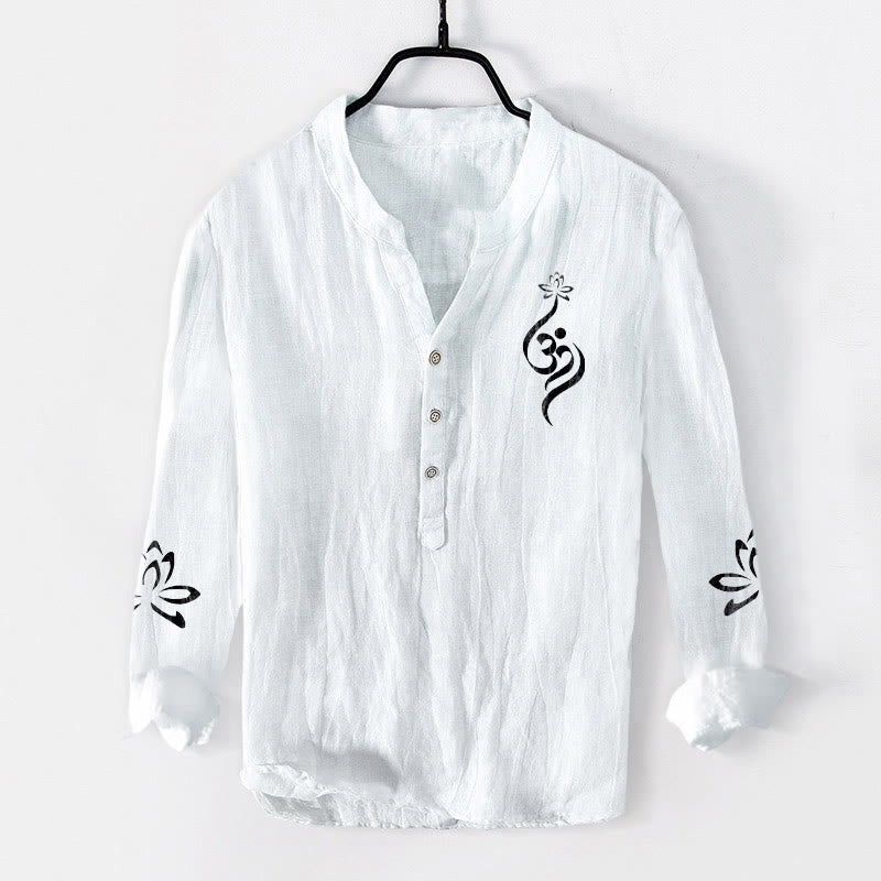 Chemise à manches longues en coton et lin pour homme, motif imprimé Buddha Stones, demi-boutons, symbole Lotus Om - Blanc - US/UK/AU50，EU60 (5XL) - image 6