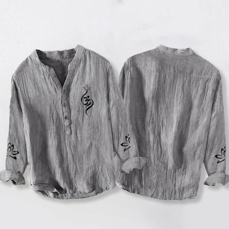 Chemise à manches longues en coton et lin pour homme, motif imprimé Buddha Stones, demi-boutons, symbole Lotus Om - image 2