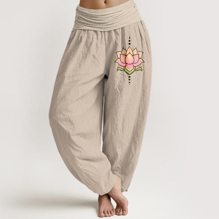 Pantalon Buddha Stones taille élastique en pur coton rose motif fleur de lotus pour femme - Tanné - US22，UK/AU26，EU54 (6XL) - image 0