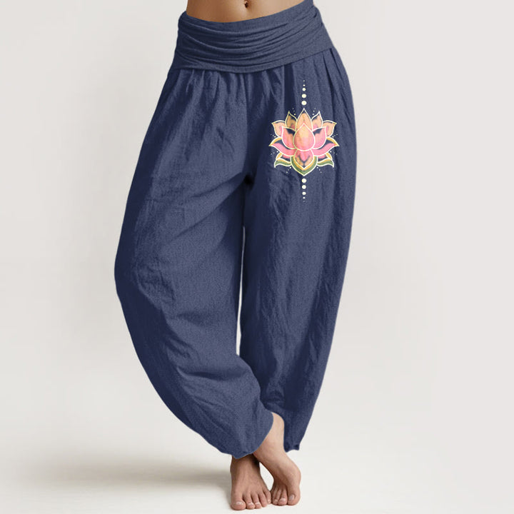 Pantalon Buddha Stones taille élastique en pur coton rose motif fleur de lotus pour femme - Bleu ardoise foncé - US22，UK/AU26，EU54 (6XL) - image 8